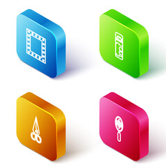 Set Isometric line Makeup mirror with lights, Shaving gel foam, Scissors and Hairbrush icon. Vector.
