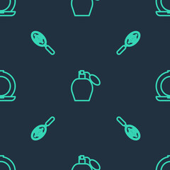 Set line Perfume, Hairbrush and Makeup powder with mirror on seamless pattern. Vector.