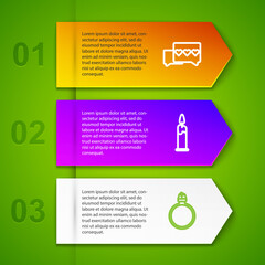Set line Like and heart, Burning candle, Diamond engagement ring and Wedding rings. Business infographic template. Vector.