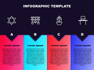 Set line Star of David, Japan Gate, Ramadan Kareem lantern and Orthodox jewish hat with sidelocks. Business infographic template. Vector.