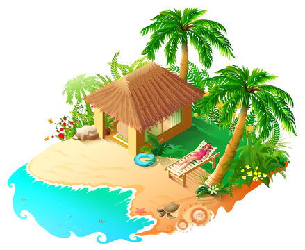 Beach vacation blue sea, green palm trees golden sand. Beautiful woman sunbathing in sun lounger. Isometric 3d
