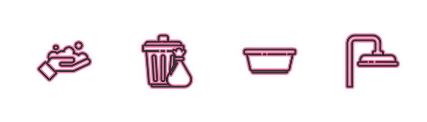 Set line Washing hands with soap, Plastic basin, Trash can garbage bag and Shower head icon. Vector.