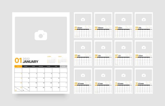 Wall or desk calendar template for 2022 with week start on Sunday. Planner diary with Place for Photo.
