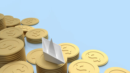 The white paper boat and gold coins on blue background for blue ocean content 3d rendering
