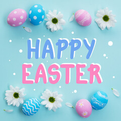 Happy Easter. Festive background. Spring holiday congratulation. Pastel pink blue color painted egg white daisy flower decorative composition isolated on light banner with greeting text.