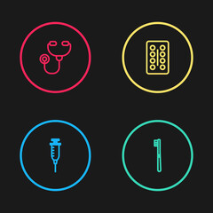 Set line Syringe, Toothbrush, Pills blister pack and Stethoscope icon. Vector.