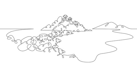 Coastal landscape. Rocks and mountains by the sea. Panoramic view of the coastline with the bay and trees. One continuous drawing line  logo single hand drawn art doodle isolated minimal illustration.