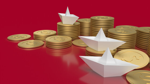 The white paper boat and gold coins on red background for red ocean content 3d rendering