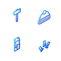 Set Isometric line Winter hat, Road traffic sign, Lighter and Cartridges icon. Vector.