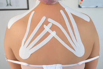 Kinesiology tapes on woman patient's back for fixation of muscles in clinic, closeup back view....