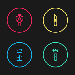 Set line Lighter, Flashlight, Hunter knife and Paw search icon. Vector.