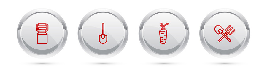 Set line Can container for milk, Shovel, Carrot and and rake. Silver circle button. Vector.