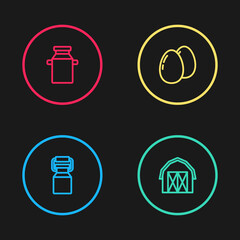 Set line Can container for milk, Farm house, Chicken egg and icon. Vector.