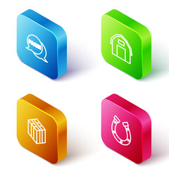 Fototapeta premium Set Isometric line Speech bubble with Farm, house, Bale of hay and Horseshoe icon. Vector.