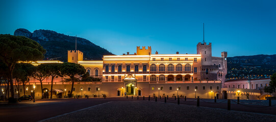 Beautiful building of Prince's Palace in Monaco-ville in the evening, Monaco