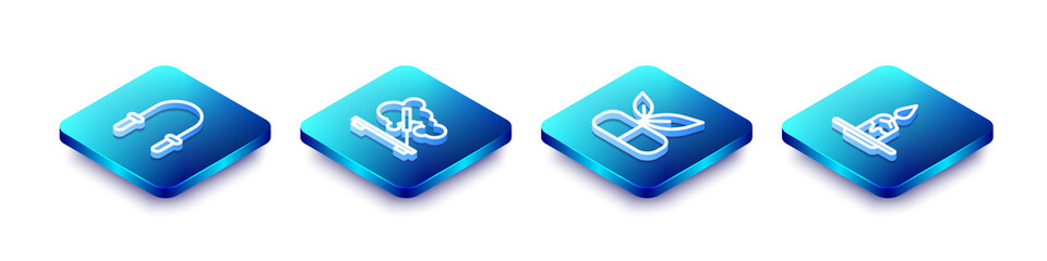 Set Isometric line Jump rope, Scented spa stick, Medical pill with plant and Aroma candle icon. Vector.