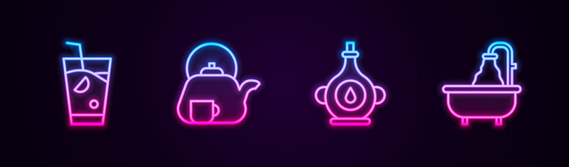 Set line Fresh smoothie, Teapot with cup, Oil bottle and Bathtub. Glowing neon icon. Vector.