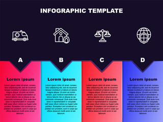 Set line Emergency car, Fire in burning house, Scales of justice and Shield with world globe. Business infographic template. Vector.