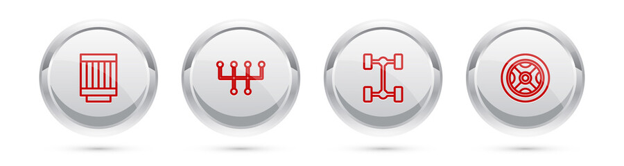 Obraz premium Set line Car air filter, Gear shifter, Chassis car and wheel. Silver circle button. Vector.