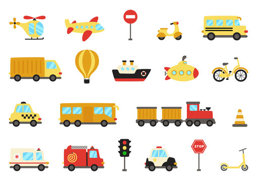 Set of cute cartoon transportation means. Vector illustrations.