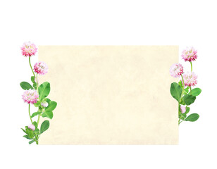 Horizontal retro card with wild red clover (Trifolium pratense) flowers