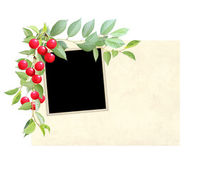 Horizontal vintage card with cherry tree branch with red berries