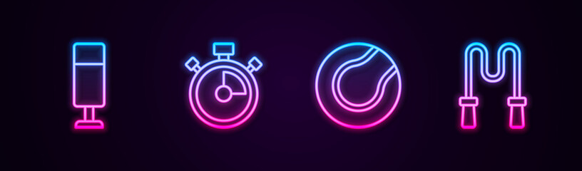 Set line Punching bag, Stopwatch, Tennis ball and Jump rope. Glowing neon icon. Vector.