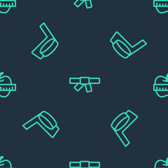 Set line Black karate belt, Ice hockey stick and puck and Apple measuring tape on seamless pattern. Vector.
