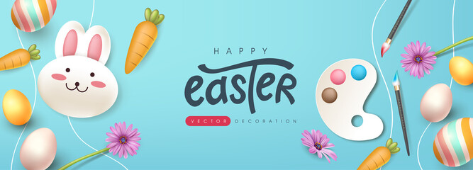 Easter greeting card background with cute rabbit and colored easter eggs. 