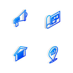 Set Isometric line House plan, Megaphone, Garage and Location with house icon. Vector.