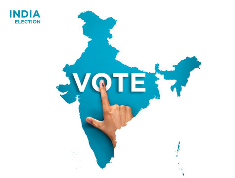 VOTE FOR INDIA, male Indian Voter Hand with voting sign or ink pointing out , Voting sign on finger tip Indian Voting on india map election commission of india