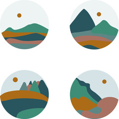 Mountain landscape circle emblem. Set Vector icon. Fir forest, trees and sun. Outdoor activity travel, tourism. Сard design. Vector concept isolated on white background.