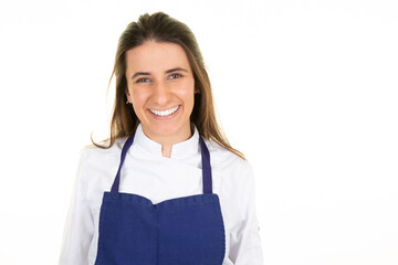 Portrait of woman kitchen chef with blue apron on white background restaurant