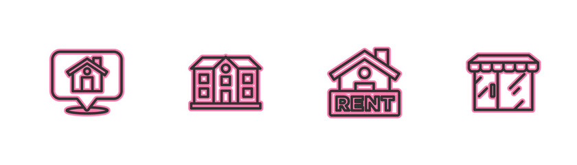 Set line Location with house, Hanging sign Rent, House and Market store icon. Vector.