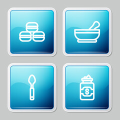 Set line Macaron cookie, Mortar and pestle, Spoon and Jar of sugar icon. Vector.