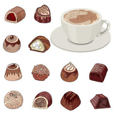 Set with different chocolate sweets and cup of coffee. Objects isolated on white background. Illustration can be used for restaurants, confectionary and cafe menu.