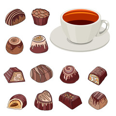 Set with different chocolate sweets and cup of tea. Objects isolated on white background. Illustration can be used for restaurants, confectionary and cafe menu.