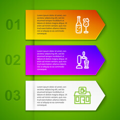 Set line Beer bottle and glass, tap with and Store building of beer shop. Business infographic template. Vector.