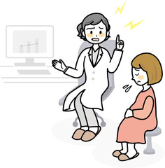 イラスト素材: 診察室でベテラン女性医師から説明を受けるスカートを履いた妊婦　人物　医療　主線あり
