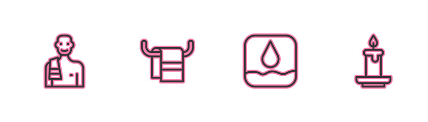 Set line Man in the sauna, Water drop, Towel on hanger and Aroma candle icon. Vector.