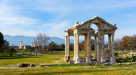 Fototapeta na wymiar View of the ancient Tetrapylon in Aphrodisias, Turkey.