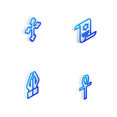 Set Isometric line Torah scroll, Christian cross, Hands in praying position and Cross ankh icon. Vector.