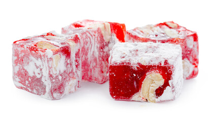 Close up of red Turkish Delight sweets isolated on white