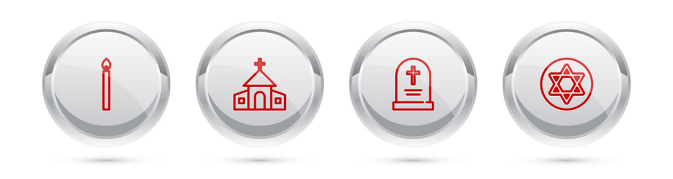 Set line Burning candle, Church building, Tombstone with cross and Star of David. Silver circle button. Vector.