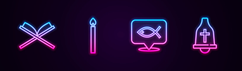 Set line Holy book of Koran, Burning candle, Christian fish and Church bell. Glowing neon icon. Vector.