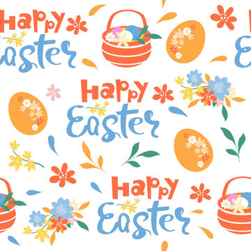 Calligraphic lettering Happy Easter and easter eggs on a white background seamless pattern. Greeting card