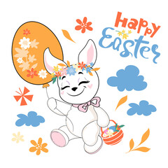 Easter bunny flying on an inflatable egg. Congratulatory vector illustration. Drawing animal face funny rabbit isolated