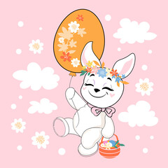 Easter bunny flying on an inflatable egg. Congratulatory vector illustration. Drawing animal face funny rabbit