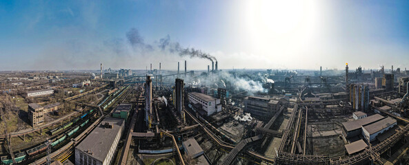 steel plant top view drone shooting industry smoke from chimneys