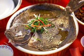 A delicious Chinese dish, steamed turbot
